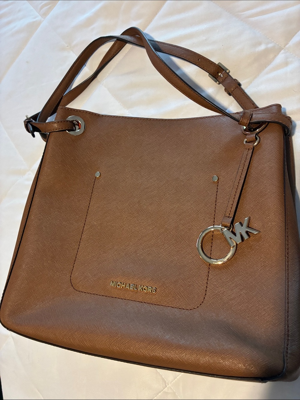 Michael Kors Brown Saffiano Leather Shoulder Bag with Gold Hardware